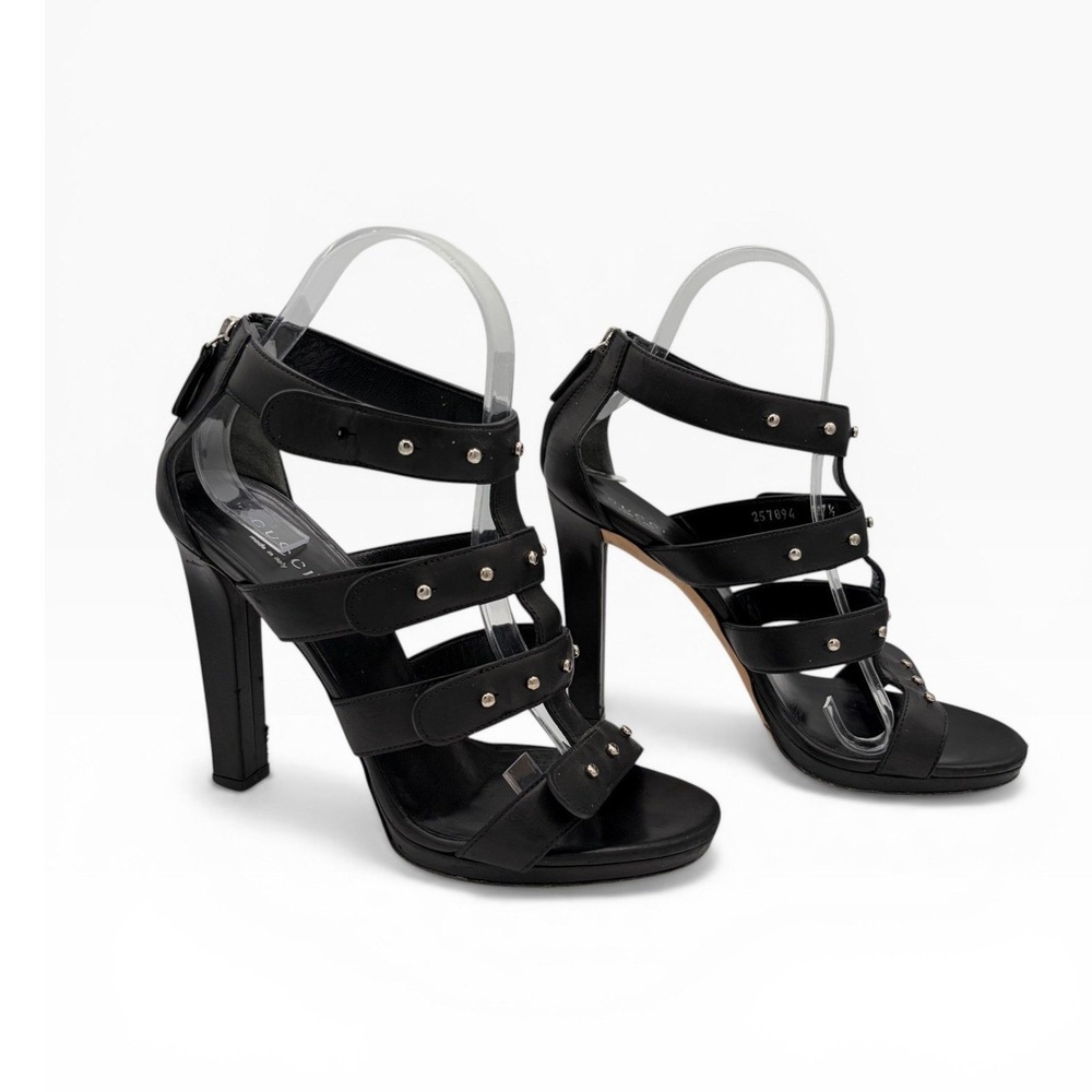 Gucci Gladiator Sandals 37.5 Edgy Black Studded Leather Caged High Heel‎ Luxury